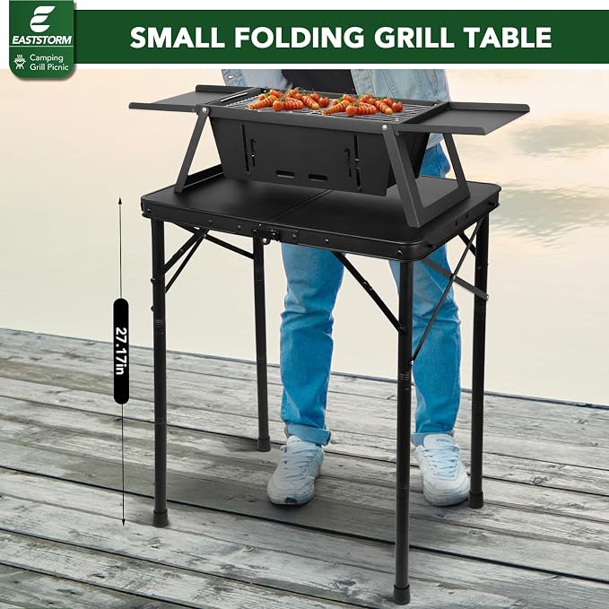 E EASTSTORM Small Metal Folding Table 3 Adjustable Heights, 23.6''×15.7''×27'' Heavy-Duty Portable Picnic Table for Outdoor Camping, Garden, Patio, Grill, BBQ, Party, 2Ft (Small, Black) - Image 4