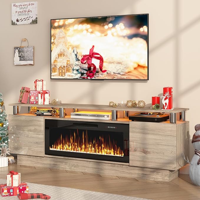 PUKAMI 70" Fireplace TV Stand with 36" Electric Fireplace, LED Light Entertainment Center with Storage, 2 Tier Modern Wood Media TV Console with Highlight Cabinet for Living Room, Grey - Image 5
