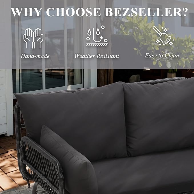 Bezseller 3-Piece Outdoor Patio Furniture Set – L-Shaped Rattan Sectional Sofa with Detachable Lounger, Glass Coffee Table & 4" Cushions – All-Weather PE Wicker for Backyard, Porch, Poolside