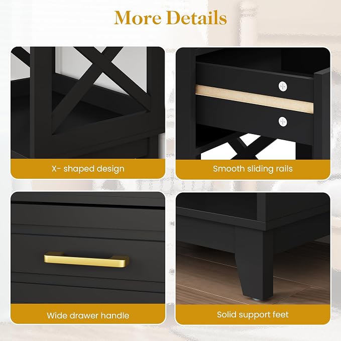 May in Color Black Nightstand Set of 2, Tall Side Table with 2 Drawers and Open Shelf, Bedside Table with Solid Feet, Modern End Table for Bedroom, Home Office, Black - Image 7