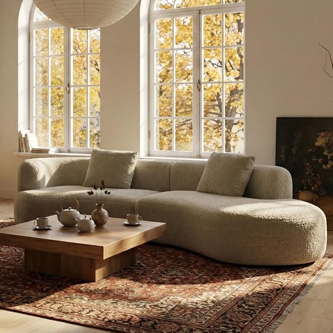 Acanva Modern Curved Sectional Living Room Couch, Minimalist Comfy Boucle Fabric Modular Sofa for Apartment, Home Office, 114" W Right Hand Facing, Light Coffee