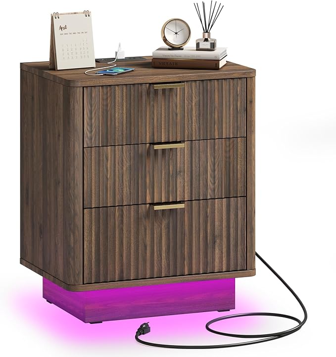 GOLDDAY Nightstand with Charging Station & LED Light, 3-Drawer Bedside Table with Outlets, Modern End Table, for Bedroom, Home Office, 1Pcs, Walnut - Image 8