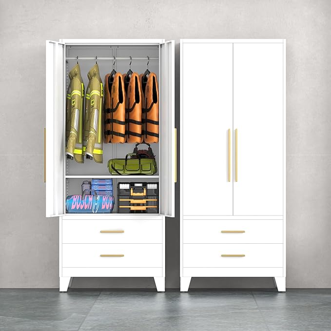 75.3" Tall Metal Armoire Wardrobe Closet with 2 Doors and 2 Drawers, Adjustable Hanging Rod and Adjustable Shelf, Freestanding Storage Cabinet Organizer for Bedroom, Office, Laundry Room，White