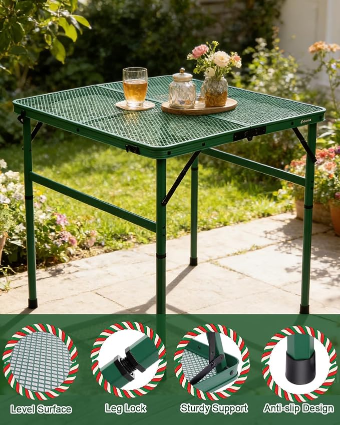 Square Folding Card Table with Adjustable Height (12" & 26"), Green Portable Metal Mesh Table for Camping, BBQ, Picnic, Game, Patio & Indoor Use, Fits 2–4 People, Lightweight 7.6 lb, Supports 66 lb - Image 5
