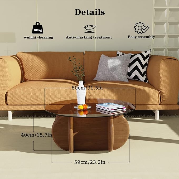 Brown Round Coffee Table Glass Top 31.5" Modern Elegant Round Coffee Tables with Solid Wood Legs and Tempered Glass Tabletop for Living Room Home Small Space Reception Office Tables