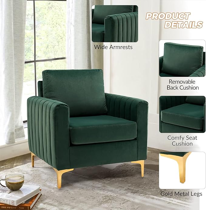 HULALA HOME Velvet Accent Club Chair, Modern Velvet Armchair Upholstered Accent Club Sofa Chair with Gold Metal Legs Mid-Century Barrel Leisure Comfy Reading Armchair, Green