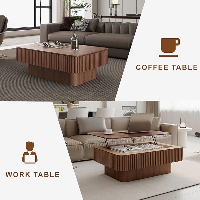 38.6" Lift Top Coffee Table with Storage, Fluted Coffee Table with Solid Wood Veneered, Mid Century Modern Wooden Center Table, Accent Tea Table for Living Room Apartment, Walnut