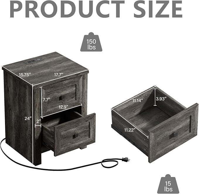 LUXOAK 3 Pieces Bedroom Sets, Includes Full Size Lift Up Storage Platform Bed Frame, 2 Drawers Farmhouse Nightstand Set of 2 with Charging Station, No Box Spring Needed, Rustic Grey