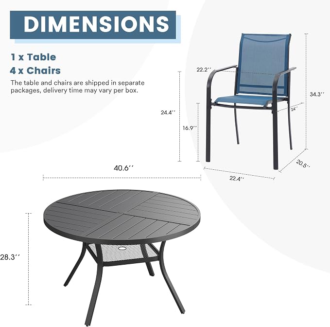 DIFY 5 Pieces Outdoor Patio Dining Set for 4, 40.6" Black Round Metal Dining Table and 4 Blue Stackable Sling Dining Chairs, Outdoor Table and Chairs for Lawn Garden Backyard Deck - Image 8