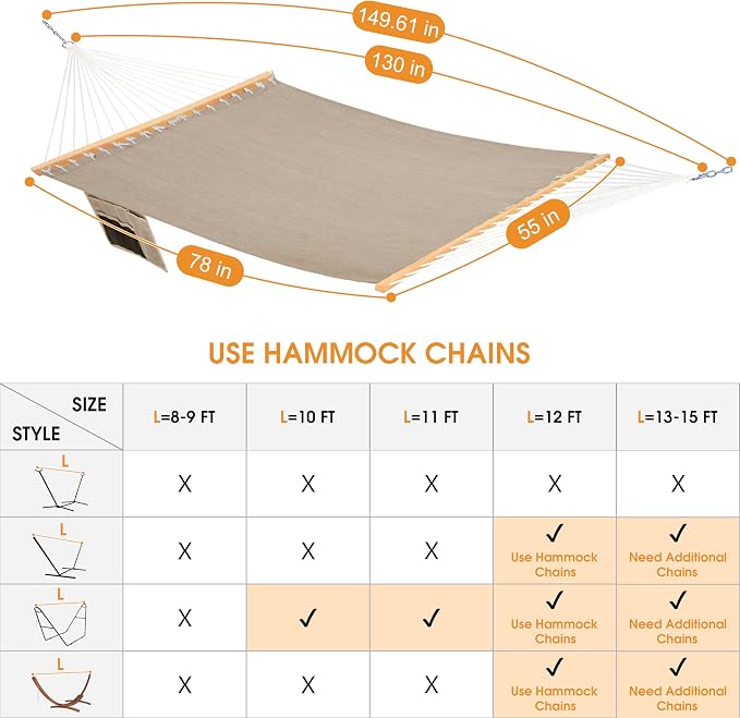 Lazy Daze Hammocks 11 FT Double Outside Hammock Quick Dry Olefin Fabric Hammock with Spreader Bar & Side Pocket for Outdoor Poolside Backyard 450 lbs Capacity, Khaki - Image 6