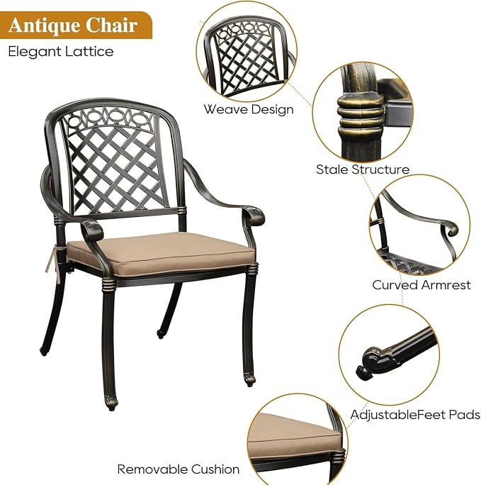 5-Piece Cast Aluminum Outdoor Patio Dining Set, All Weather Cast Aluminum Outdoor Furniture Dining Set for Patio, Balcony, Lawn, Garden, Backyard w/4 Chairs and Cushions, 2.0" Umbrella Hole - Image 5