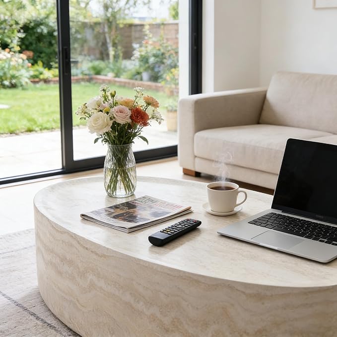 43.7” Oval Coffee Table, Modern Fiberglass Center Table, Faux Marble Accent Coffee Table for Living Room, Office, Apartment, Patio, No Assembly.(Mars,ø43.7 x 24.8“ x 13.77")