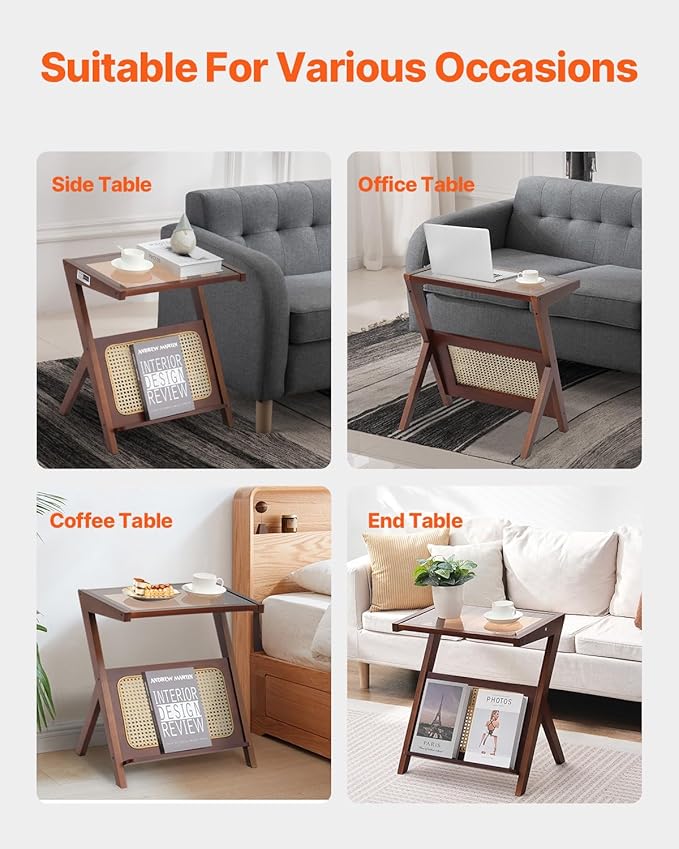 VEVOR Rattan Coffee Table, Z-Shaped Rattan Woven Bamboo Coffee Table with Tempered Glass Top, 20” Modern Boho Storage Table with Natural Bamboo Legs, for Living Room, Bedroom & Small Spaces