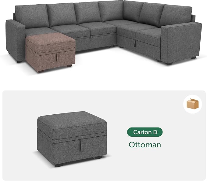 HONBAY Storage Ottoman Module for Sectional Sleeper Sofa with Pull Out Bed, Movable Footrest Ottoman for Modular Couch, Dark Grey