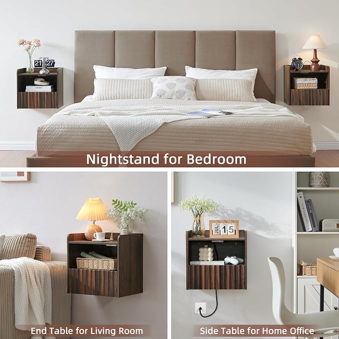 BuildHom Modern Fluted Floating Nightstand Wall Mounted Set of 2- Bedside Table with Storage Drawer & Display Shelf, Minimalist Bedroom Furniture for Studio Apartments (Walnut) - Image 6