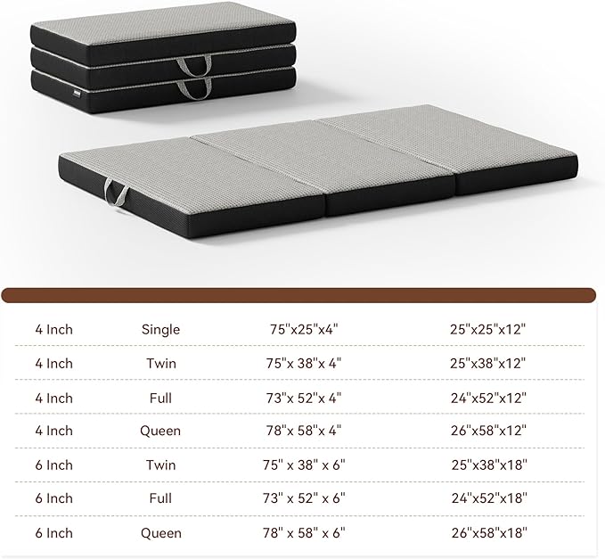 ROXGOX Memory Foam Trifold Mattress, Full Portable Floor Bed 4 Inch, Foldable Mat with Washable Cover, Handle & Non-Slip Bottom, for RV, Travel, Camping, Yoga, 73"x52"x4", Grey
