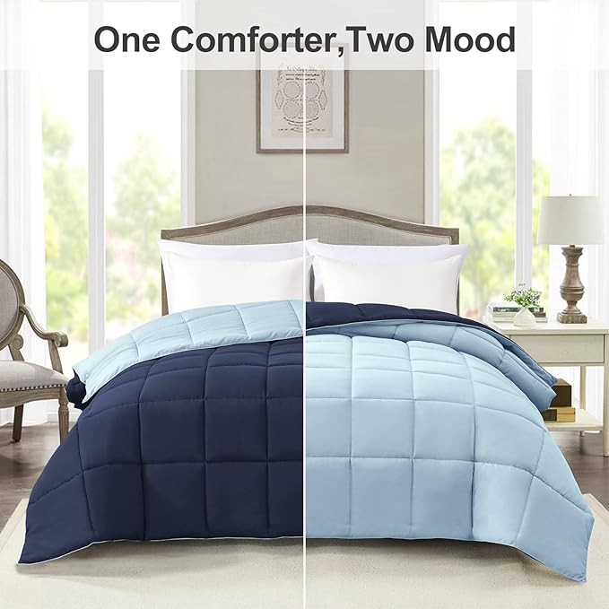 Homelike Moment Comforters Queen Size - Blue Duvet Insert Down Alternative Bed Queen Comforter, Lightweight Bedding Comforter Full Size Quilted Soft All Season Reversible Navy/Light Blue