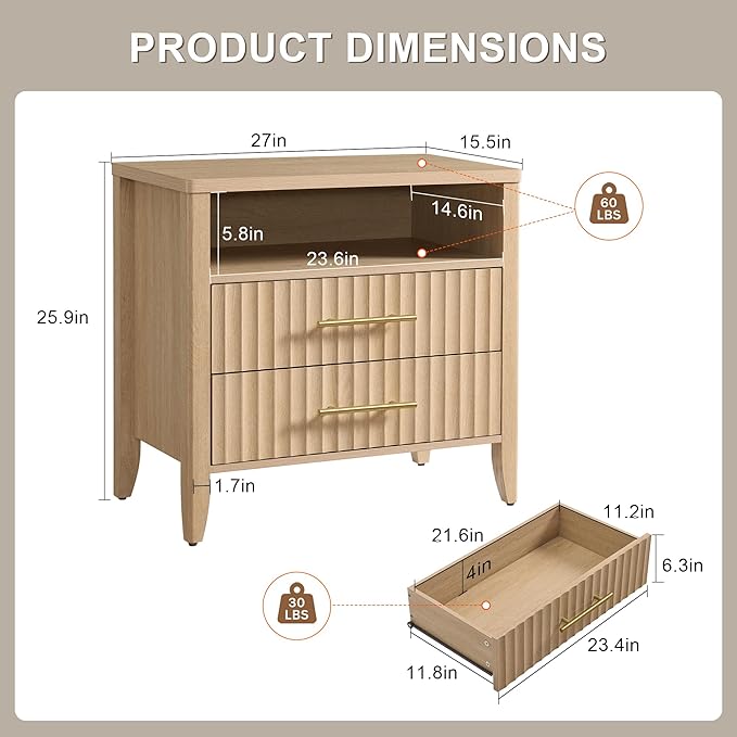 Fluted Nightstand with 2 Drawers, 27" Modern Nightstands with Storage Shelf, Large Queen Size Bedside Table and End Table for Bedroom, Office,Hallway (Natural, 1 Piece) - Image 3