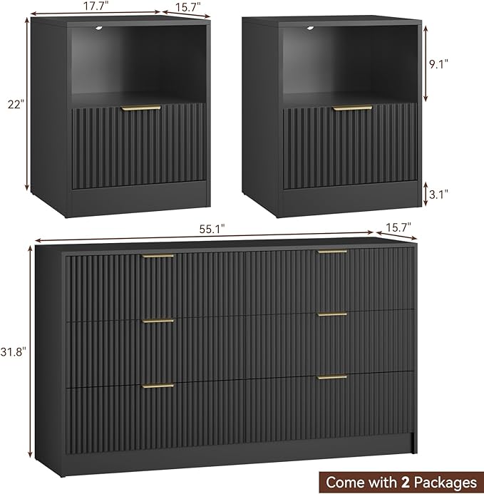 6 Drawer Dresser & Nightstand Set 3-Piece, 55” Wide Bedroom Set Night Stand Set of 2 with Metal Handle, Fluted Modern Wood Chest of Drawers Storage Dressers Set for Bedroom, Black