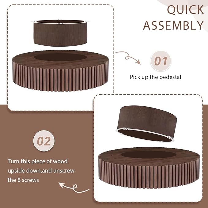 31.49" Walnut Coffee Table Round Wood, Modern Unique Fluted Tea Table, Contemporary Drum Circle Accent Center Table for Living Room, Small Space, Apartment