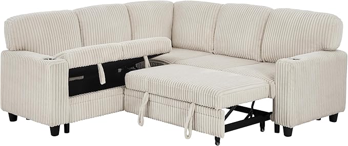 81" Modular Sectional Sofa, L-Shaped Convertible Sectional Sleeper Sofa Bed with Pull Out Bed, Storage Chaise, USB & Type-C Charging, 5-Seat Corduroy Couch for Living Room Apartment, Beige