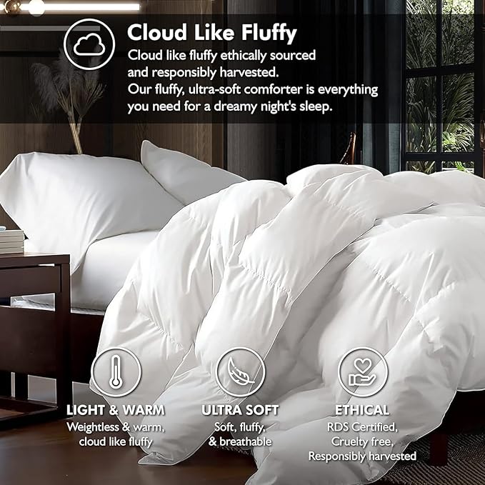 Luxurious Oversized California King Goose Down Comforter, 108 X 98 inches, Unique White Solid, 600 Thread Count, 100% Egyptian Cotton Cover, 80 Oz Fill Weight, 750 Fill Power