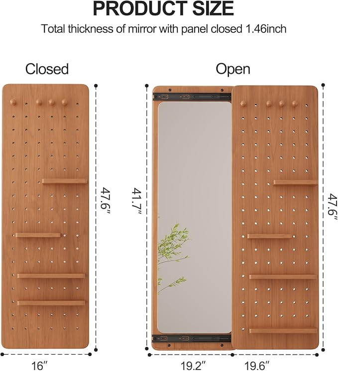 KungFuWood Full Length Mirror with Shelf and Hooks,Entry Way Mirrors for Wall,Wall Mirror with Shelf,Wall Mirror with Storage Multifunctional Design Panel,Living Room - Image 2