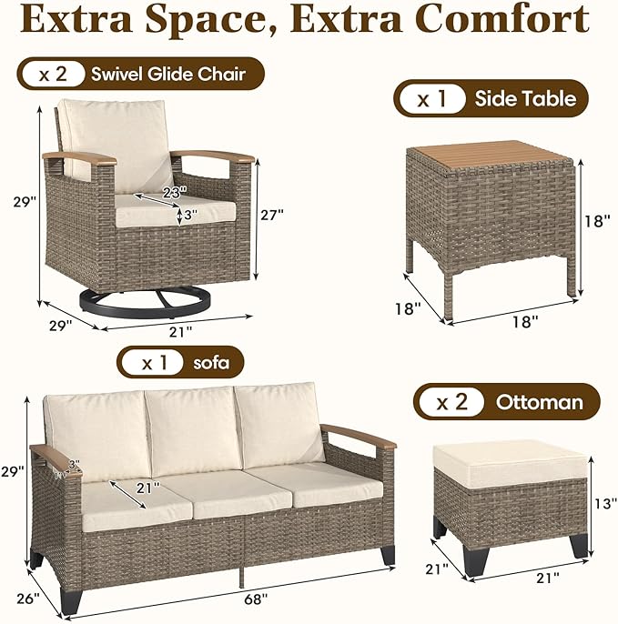 MELLCOM 6 Piece Patio Furniture Set, Wicker Patio Conversation Set with Swivel Glider Chair and 3-Seater Sofa and 2 Ottomans and Side Table for Deck Backyard