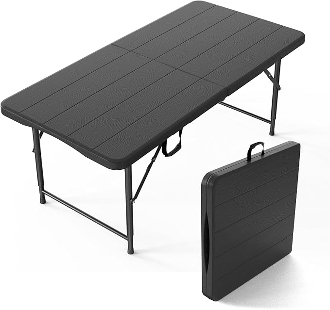 VINGLI 4 FT Plastic Folding Camping Table,3-Level Adjustable Height, Portable in/Outdoor Party Picnic Dining Desk,Off-White Garden Soccer Multipurpose Entertaining Activities, Black by VINGLI