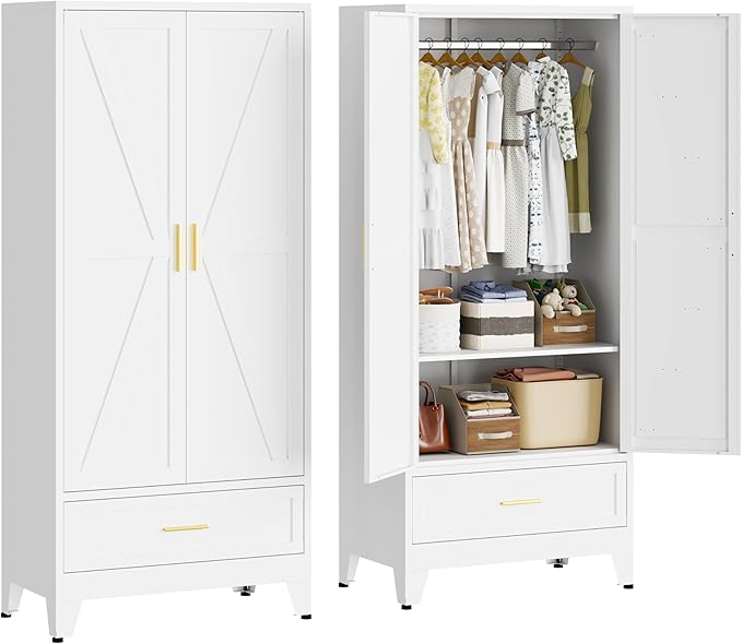 Metal Armoire Wardrobe Closet with 1 Drawer, 71" Wardrobe Cabinet with 1 Adjustable Shelf & 1 Hanging Rod for Bedroom, White Metal Closet Storage Cabinet with 2 Doors & Drawers