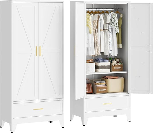 Metal Armoire Wardrobe Closet with 1 Drawer, 71" Wardrobe Cabinet with 1 Adjustable Shelf & 1 Hanging Rod for Bedroom, White Metal Closet Storage Cabinet with 2 Doors & Drawers