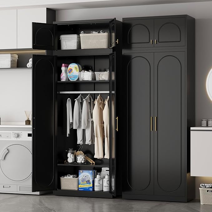 Metal Armoire Wardrobe Closet with Doors, 86" Tall Wardrobe Cabinet with Hanging Rod and Adjustable Shelves, Black Clothing Storage Cabinets for Bedroom, Home Office