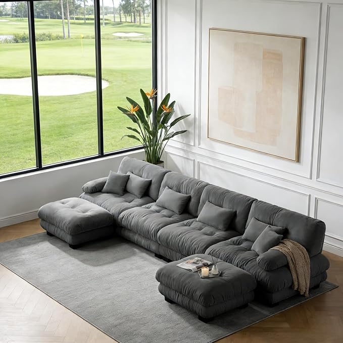 173.2" U-Shaped Cloud Couch, Oversized Modular Sectional Sofa, Deep Seat Cloud Boneless Couch, 4-Seat Modular Sectional Sofa with 2 Ottoman or Living Room,Bedroom and Apartment, Gray