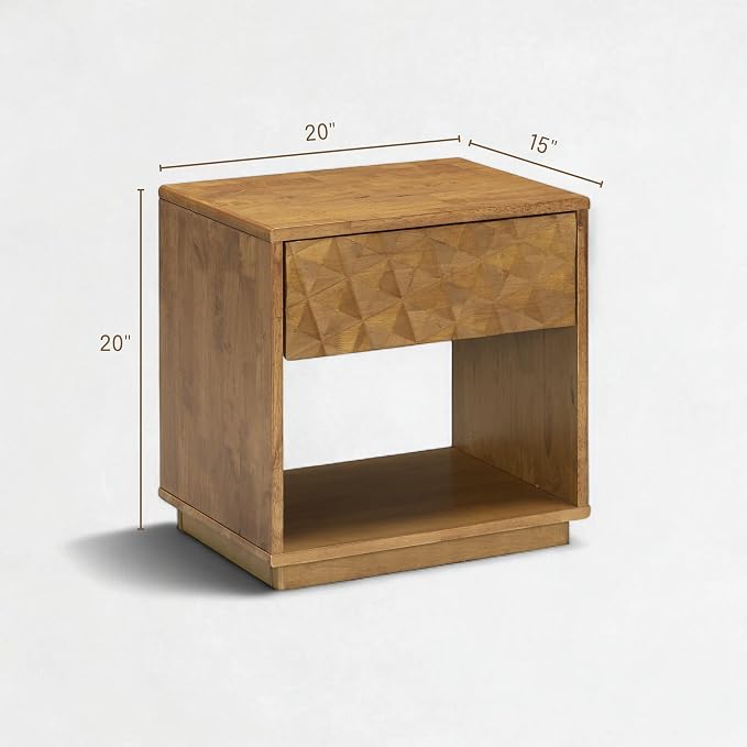 NTC Sapa Solid Wood Nightstand with 3D Carved Drawer Front – Modern Bedside Table with Open Shelf, Easy Assembled - Teak Look - Image 2
