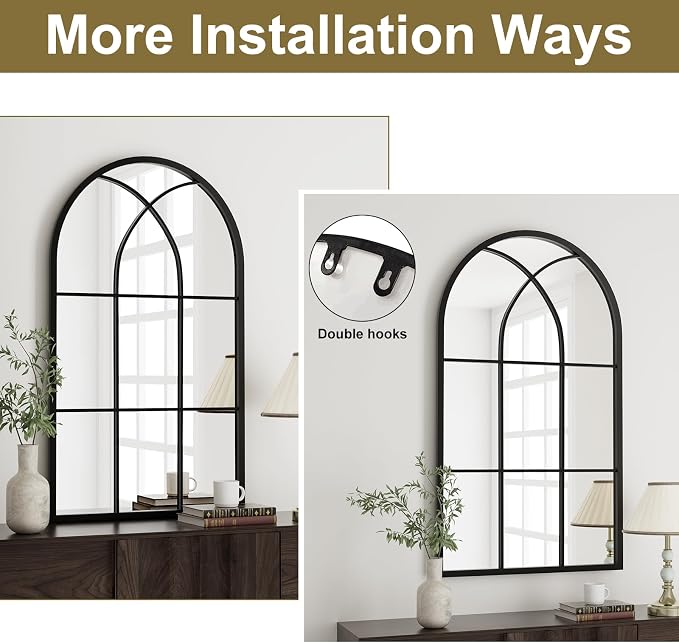 Rowjut Arched Wall Mirror 42" x 24" Window ＆ Wall Decorative Mirror, Iron Framed Window Pane Mirrors, Arched Top Wall Mirror for Entryway Living Room, Bedroom, Fireplace (Black) - Image 4
