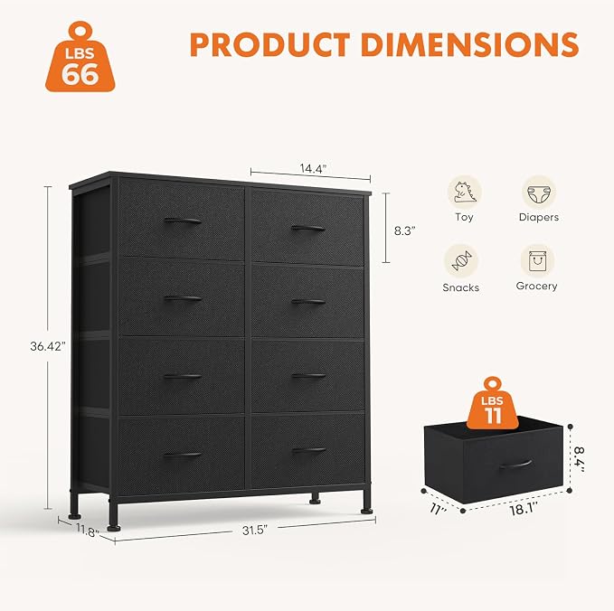 Sweetcrispy Dresser, Dresser for Bedroom Drawer Organizer Storage Drawers, Fabric Storage Tower with 8 Drawers, Chest of Drawers with Steel Frame, Wood Top for Living Room, Closet,Ink - Image 3