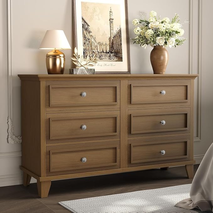 GAOMON Dresser for Bedroom, 6 Drawer Wide Dresser Storage Organizer, Modern Wooden Chest of Drawers with Metal Handles for Hallway, Entryway, Home Office, Brown by GAOMON