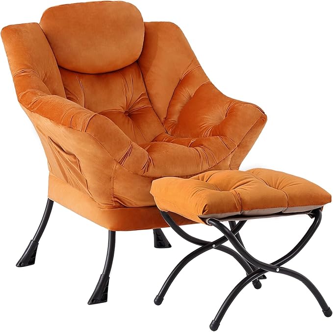Lazy Chair and Ottoman, Large Accent Orange Velvet Chair with Side Pocket, Modern Leisure Upholstered Reading Armchair with Footrest for Office, Bedroom, Living Room, Dorm Rooms, Balcony