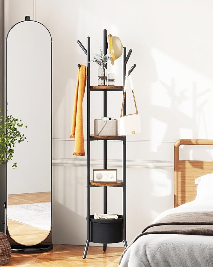 YMYNY Coat Rack, Freestanding Coat Stand with Storage Shelves, Hall Trees with 3 Wooden Shelves and 1 Fabric Basket, Metal Clothes Stand for Hats Bags Hallway Bedroom Rustic Brown UHGR005H - Image 2