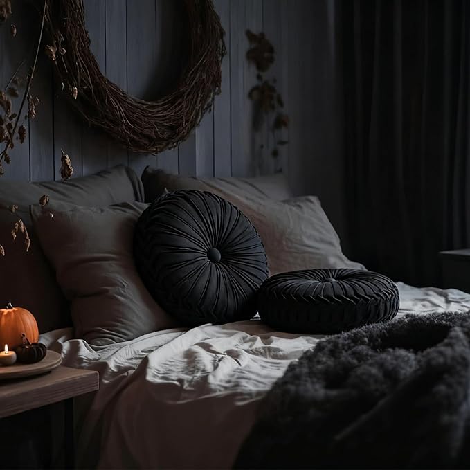 Beeveer 2 Pcs Round Throw Pillows 15 Inch Decorative Velvet Pleated Pumpkin Pillows Boho Floor Pillow with Center Button for Living Room Couch Chair Bed Sofa Home Decoration (Black)