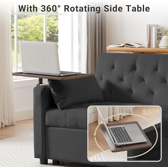3 in 1 Convertible Sofa Bed, Pull Out Couch with 3-Level Adjustable Backrest, Loveseat Sleeper Recliner with Storage Pockets and Side Table, Velvet Chaise Lounge for Living Room