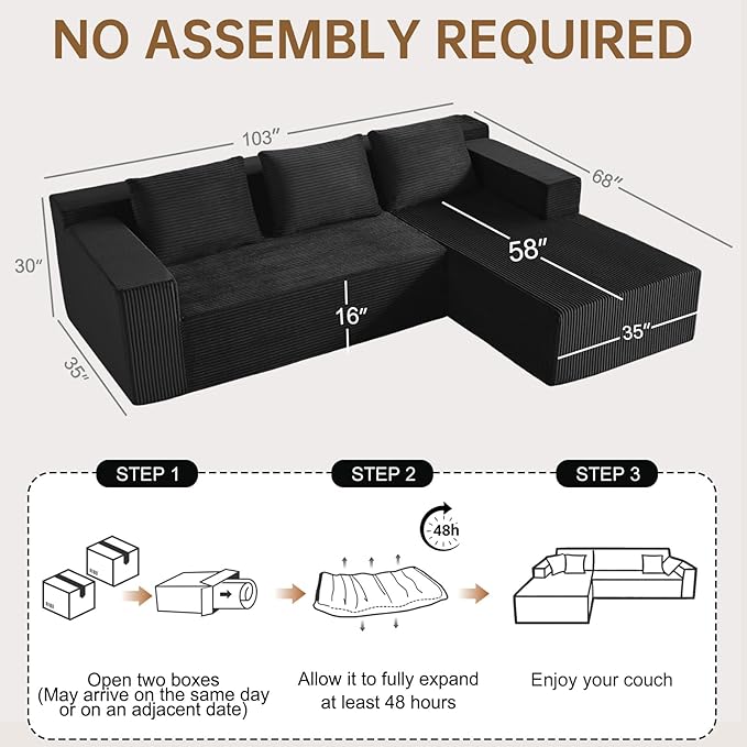 103" Cloud Sectional Sofa, Boneless L-Shape Couch with Chaise, Modern Minimalist Modular Couch for Living Room, Free Combination, Deep Seat, No Assembly Required, Premium Corduroy, Black, R