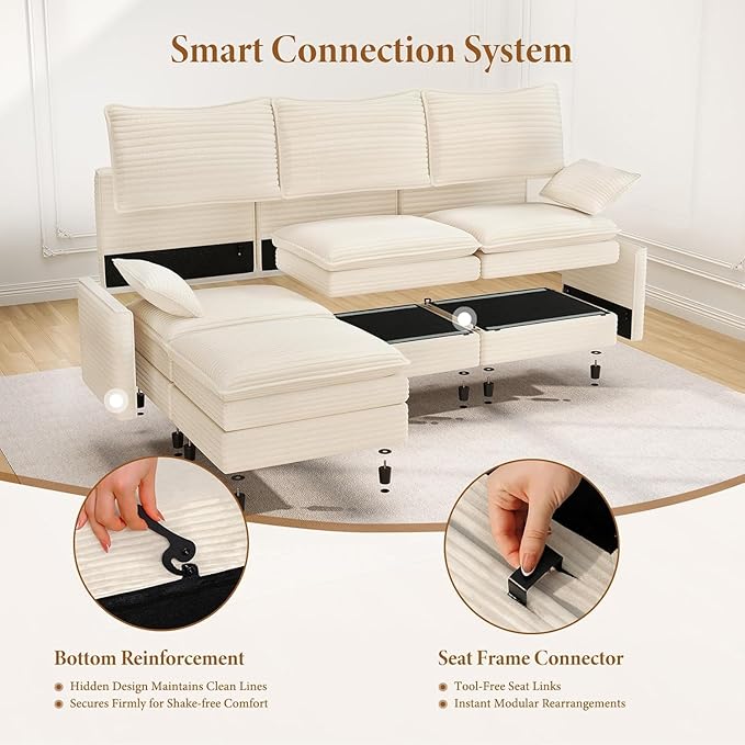 Vesgantti 142" Cloud Couch Sectional Modular Sofa, Comfy Sectional Couch with Ottoman Deep Seat Corduroy L Shaped Sofa, Modular Couches for Living Room, Bedroom and Apartment, Beige