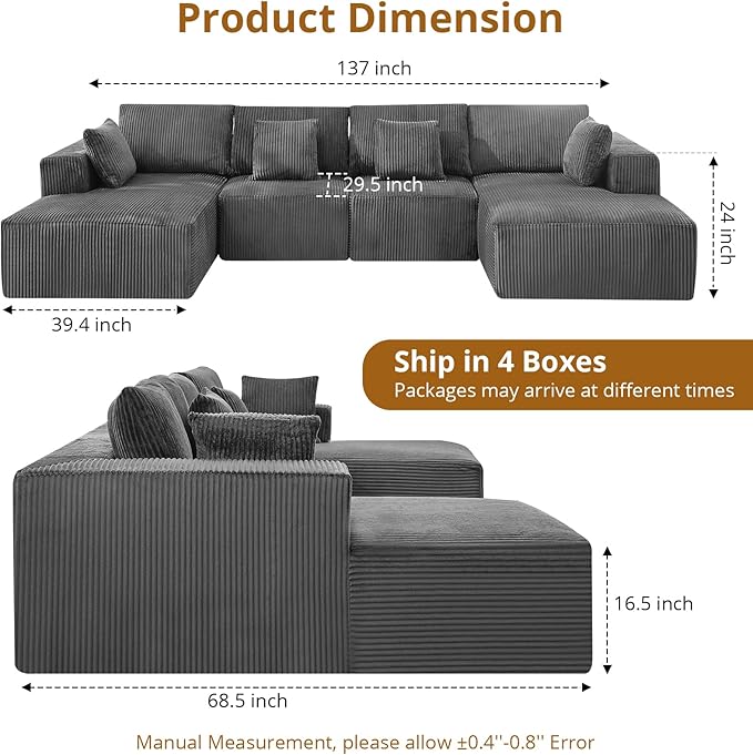 Cloud Boneless Couch 137" Modern Sectional U-Shaped Comfy No Assembly Required Convertible Compression Sleeper Modular Sofa with Corduroy Fabric Deep Seat Single + Chaise for Living Room
