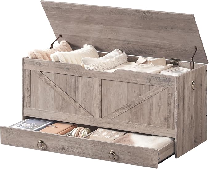 HOOBRO Storage Chest, 43.3" Toy Chest with Drawer, Wooden Storage Bench, Sturdy Entryway Bench Supports 220 lb, Shoe Bench, Safety Hinge, U-Shaped Opening, Easy Assembly, Greige BG711CW01G1 - Image 8