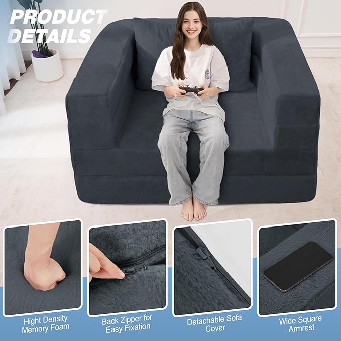 Futon Sofa Bed with Pillow, 3-in-1 Sleeper Sofa Bed with Removable Cover, Convertible Floor Sofa Bed, No Assembly Boneless Couch for Living Room, Bedroom