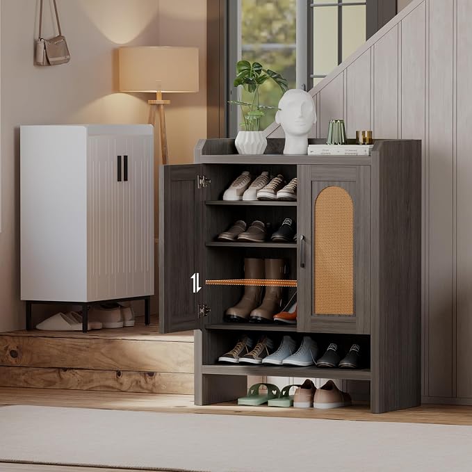 Mericonia 6-Tier Shoe Cabinet Storage for Entryway, Rattan Shoes Organizer Cabinets with Doors, Wooden Shoe Rack, Farmhouse Boho Wood Storage Cabinet (Black, 6-Tier) - Image 9