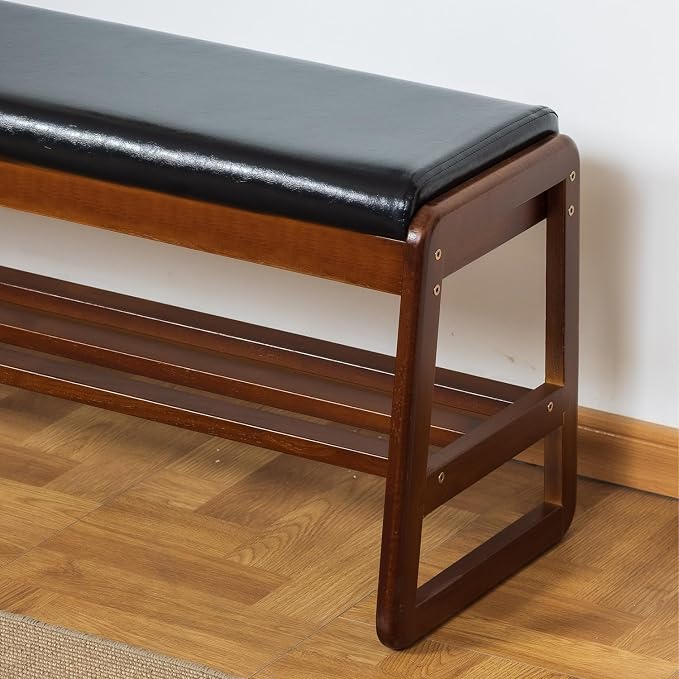 Solid Wood Shoe Bench, 2-Tier Entryway Bench with Cushion and Flip-Open Storage Box, Mid-Century Modern Shoe Bench Rack for Hallway, Mudroom(Black, 21.65'') - Image 4