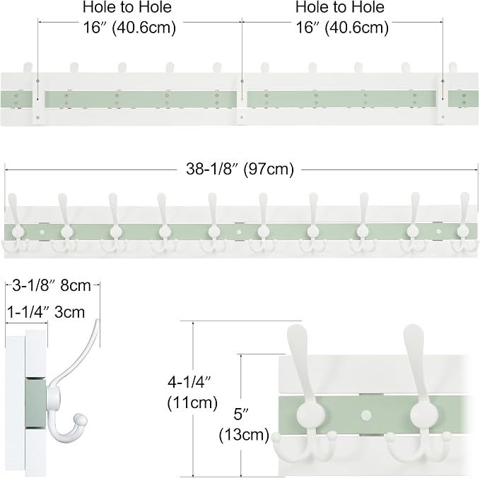 SKOLOO Coastal Wall Mounted Coat Rack - 38-1/8" Beach House Entryway Wooden Coat Hook with 10 Hooks for Hanging Coats, Hats or Towels, Oceanfront Cottage Core Collection, White & Green - Image 3