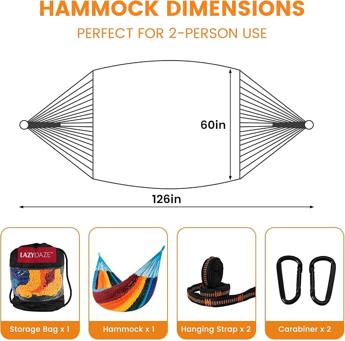 Lazy Daze Hammocks Handwoven Mayan Hammock, 10.5 FT Soft Rope Double Hammocks, Portable Outdoor Hammock with Carry Bag, 2 Straps & Carabiners for Patio Outside, 550 lbs Weight Capacity, Rainbow - Image 3